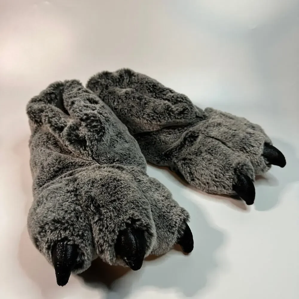 Fuzzy Slippers Gray Animal Paw with claws